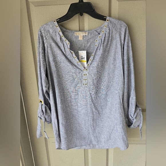 $110 Michael Kors Linen Blend Blouse Sz M White Blue Women Striped 3/4 Sleeves - Picture 2 of 13